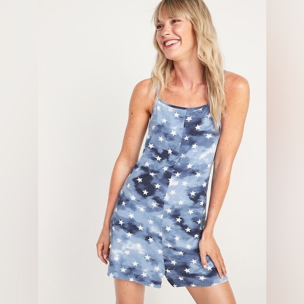 NWT Old Navy Sunday Sleep Romper lounge pajamas, blue/white tie-dye w/ stars, M